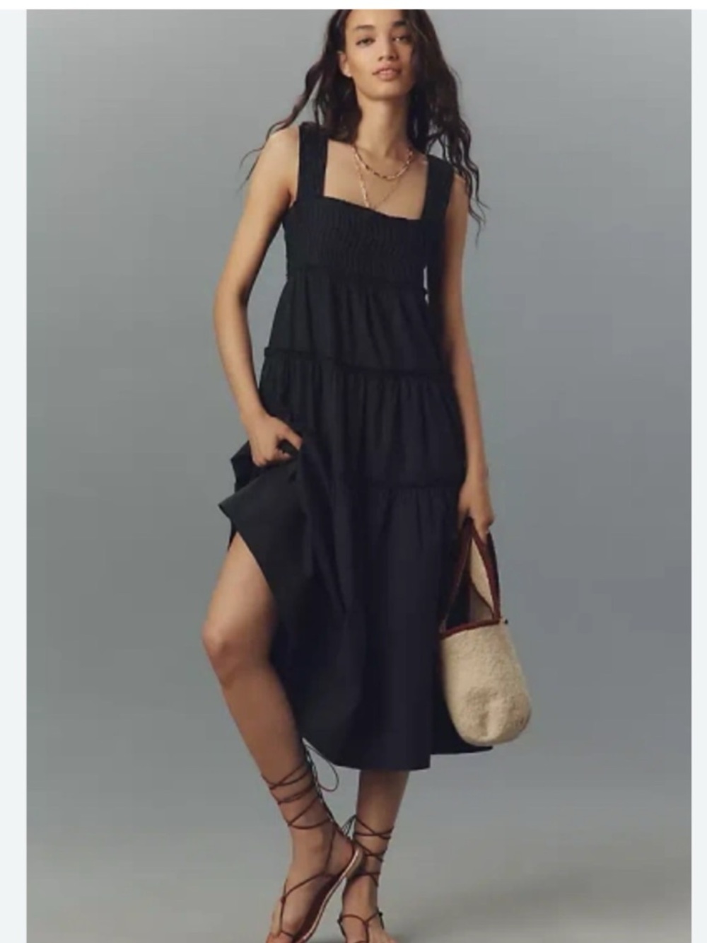 NWT Anthropologie MAEVE
The Helena Square-neck Tiered Midi Black Smoked Dress, M